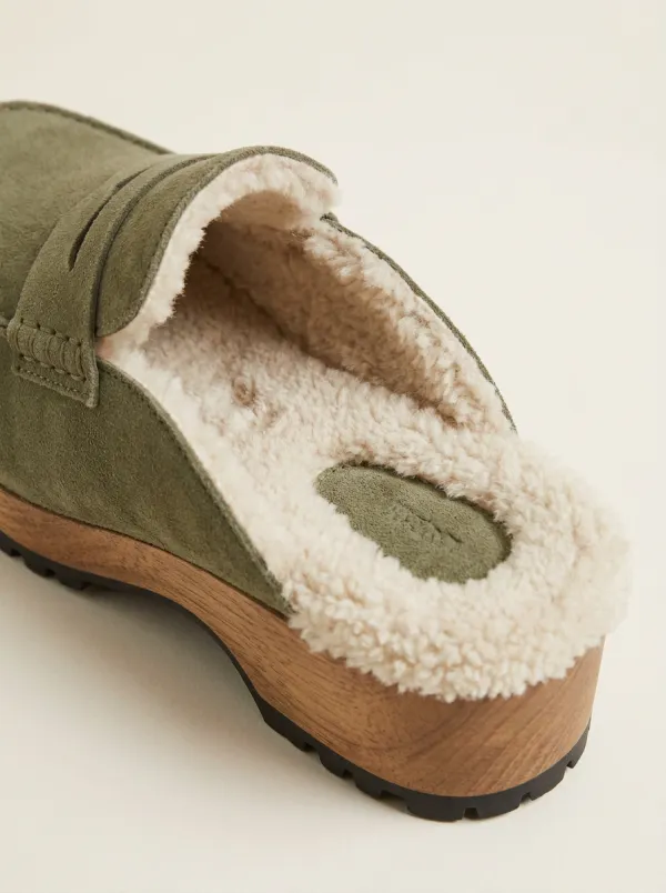 Faux Fur Lined Suede Wood Sole Clog Loafers