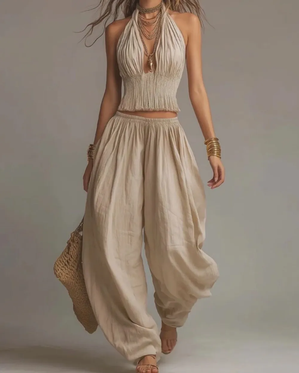Casual Backless Craft Halter Closure Wide Leg Pants Set