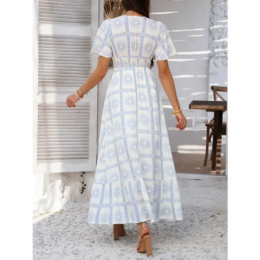 Smocked Printed V Neck Short Sleeve Maxi Dress