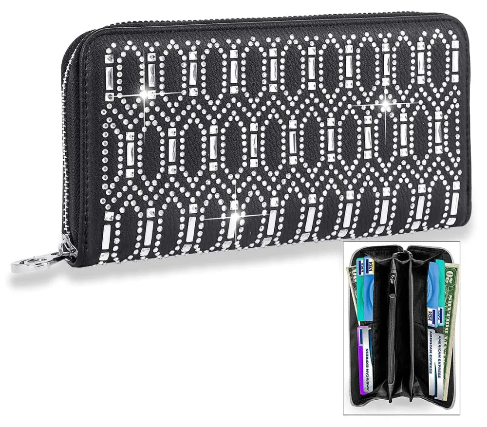 Textured Detail Crystal Accent Faux Leather Accordion Wallet
