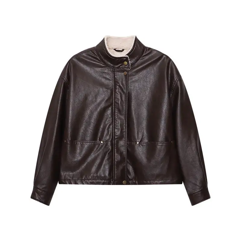 Stand-Collar Leather Fleece Casual Outerwear Jacket