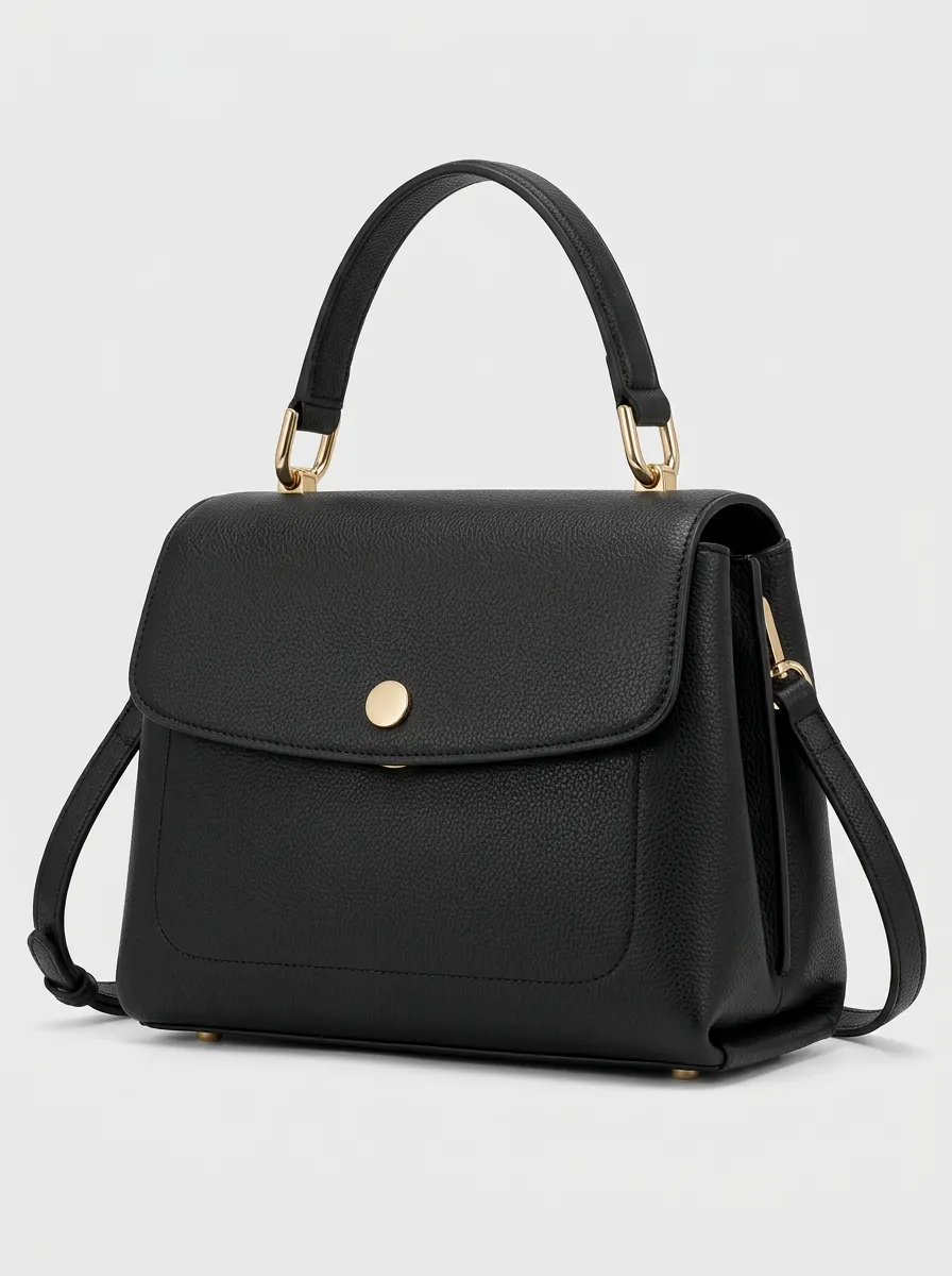 Women's Classic Black Handheld Satchel with Pebbled Texture