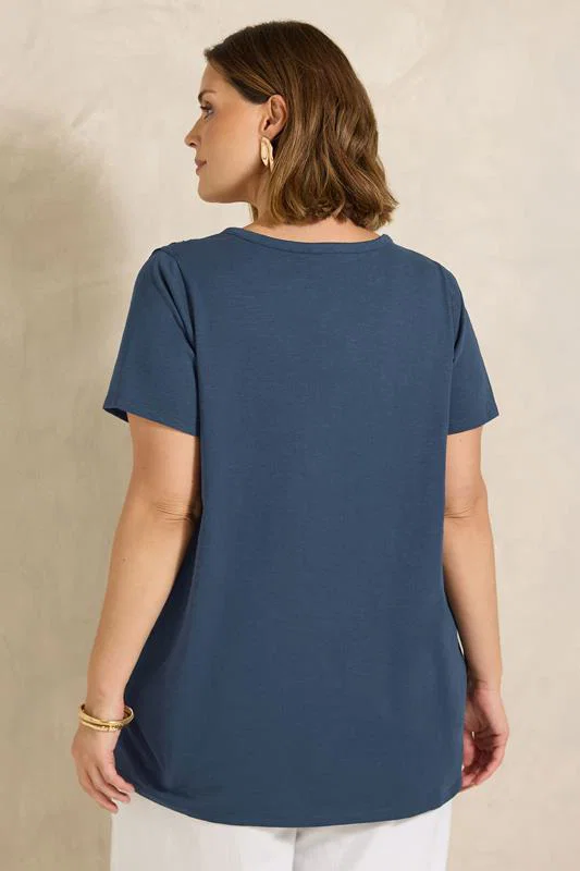 Navy Blue Short Sleeve Cotton Henley Top detail 2