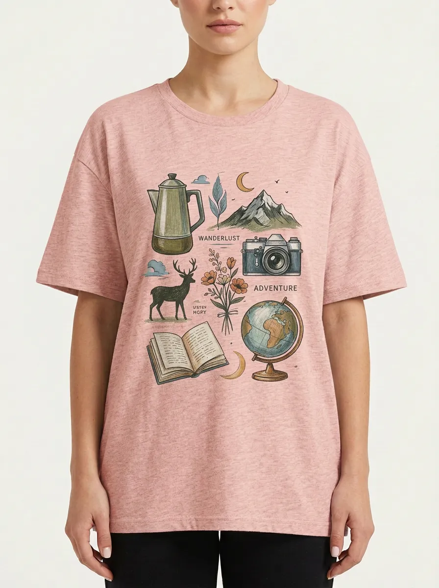 Women's Wanderlust Adventure Travel Elements Graphic T-Shirt