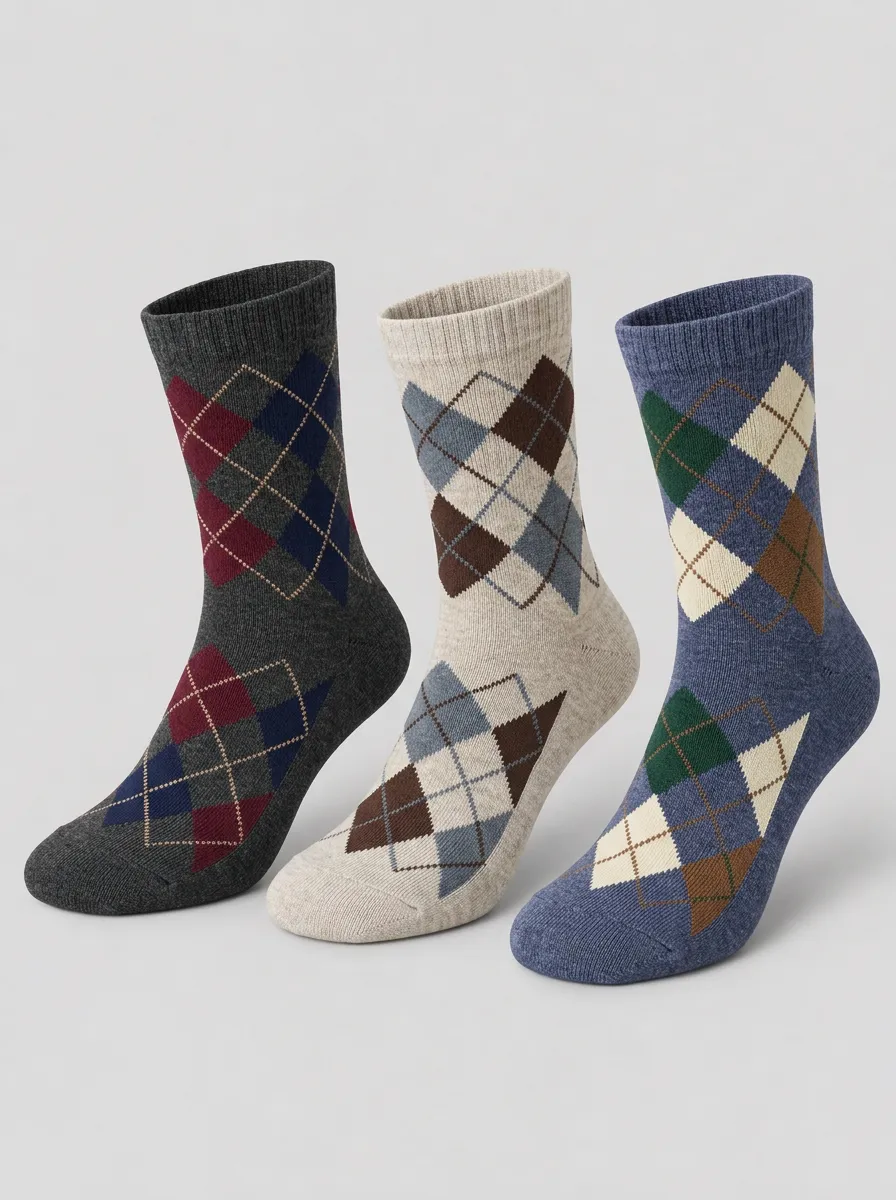 Men's Multi-Color Argyle Ribbed Crew Contrast Heel Toe Socks 3-Pack