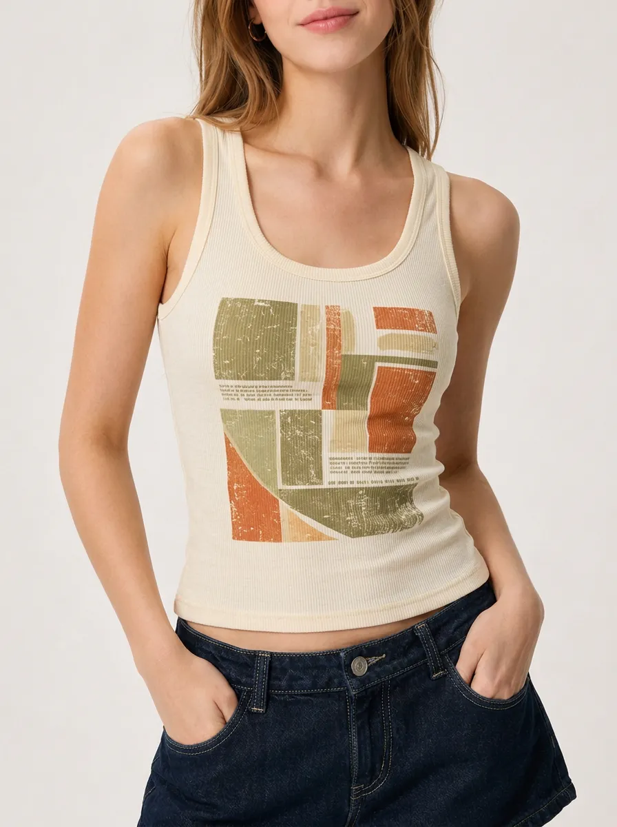 Women's Retro Geometric Abstract Printed Ribbed Tank Top