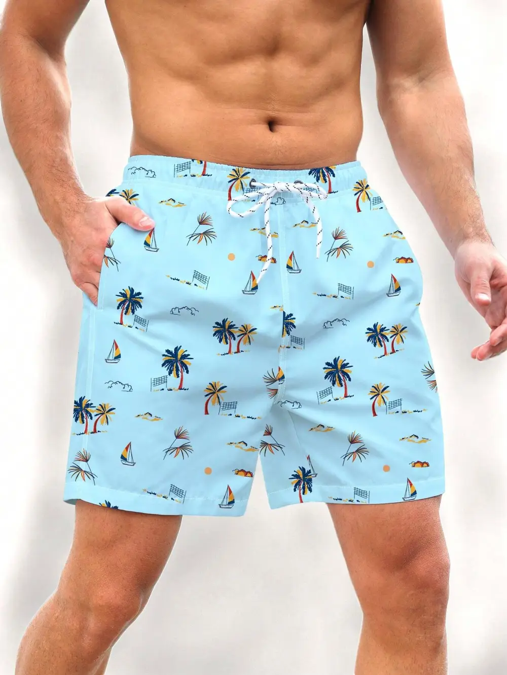 Men's Tropical Coconut Tree Print Pocket Swim Trunks