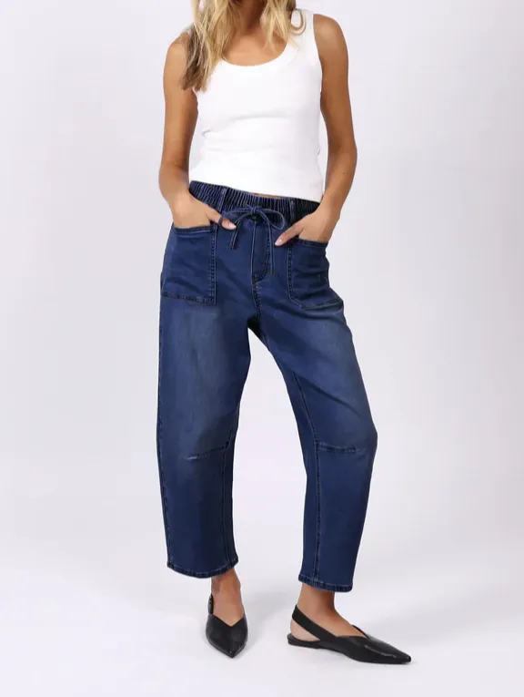 Women's Refined Barrel-Leg Denim Drawstring Jeans