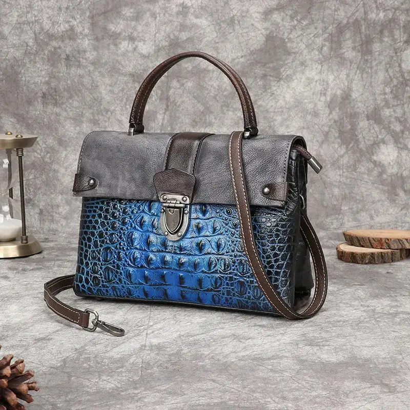 Vintage Accessory: Crocodile-Pattern Small Square Crossbody Bag