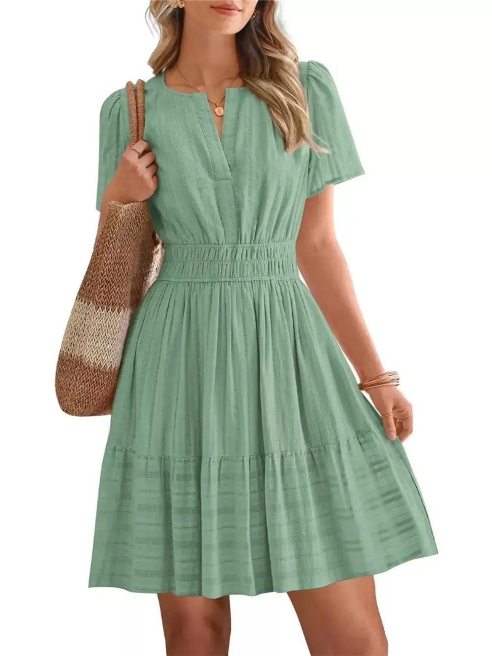 Tiered Smocked Short Sleeve Casual Dress