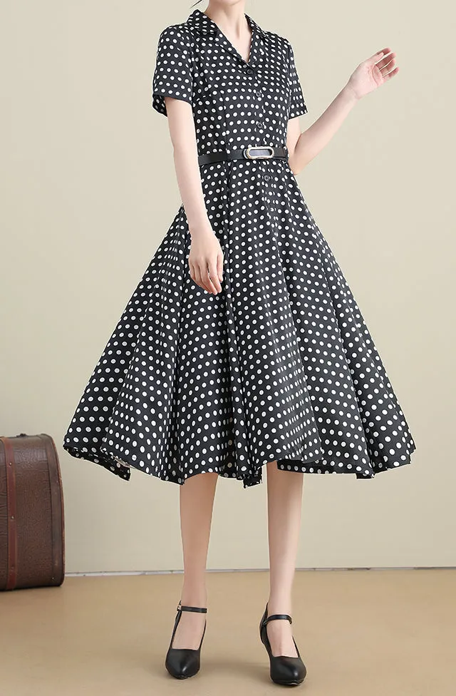 Polka Dot Polyester Swing Notched Collar Short Sleeve Midi Dress