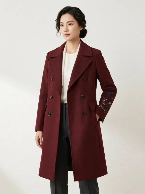 Women's Oriental Style Bamboo Embroidery Gray Wool Coat