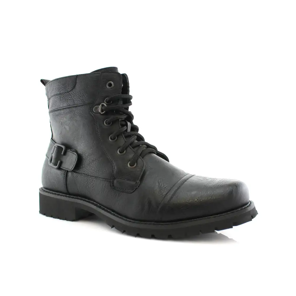 Faux-Leather Lace-Up Buckle-Detail Combat Boots