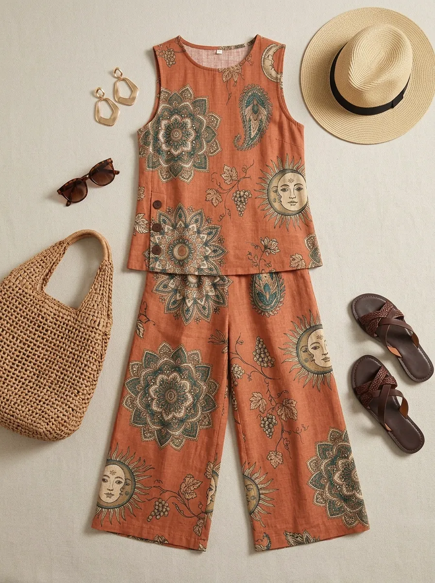Women's Boho Sun Mandala Paisley Printed Sleeveless Set
