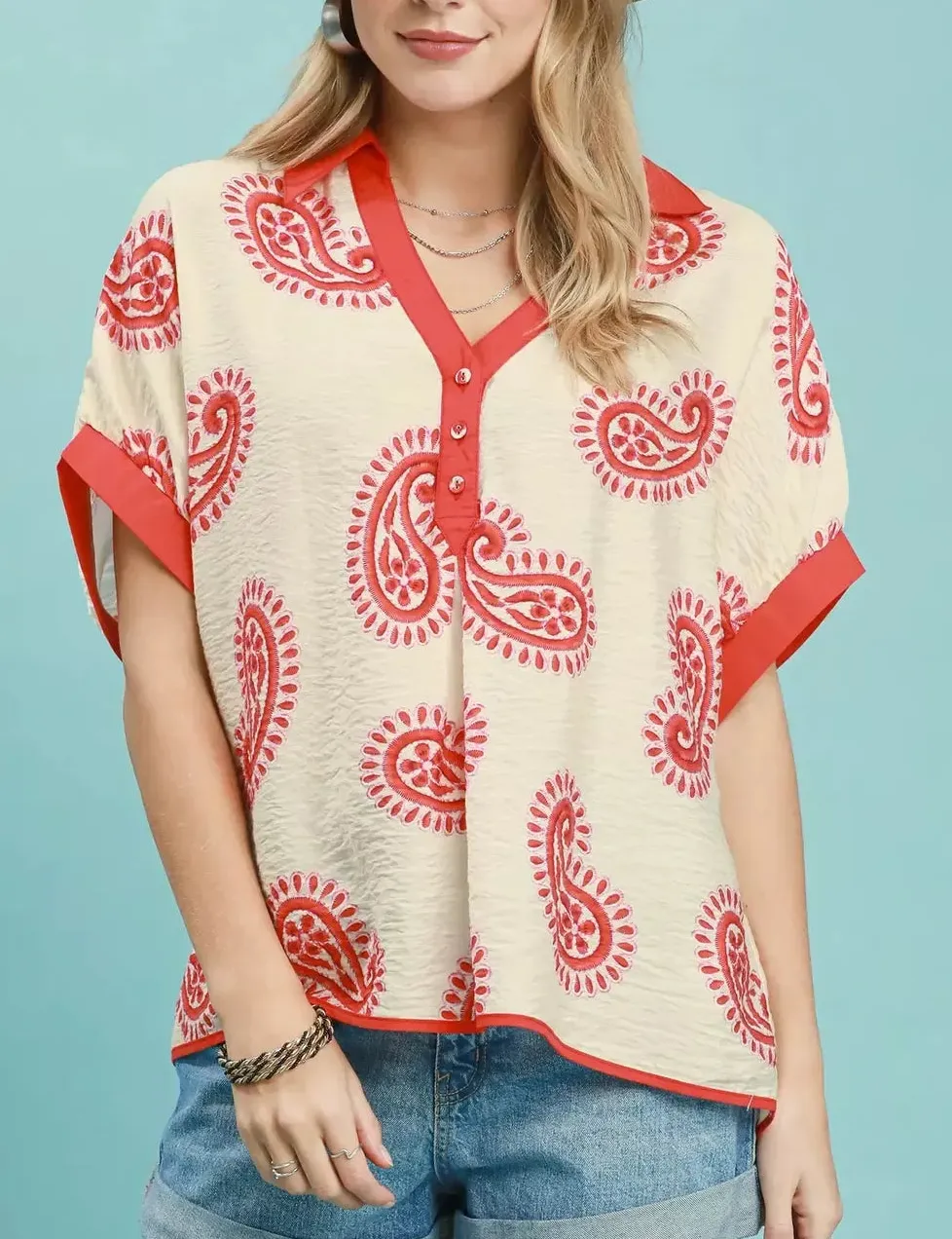 Paisley Print Contrast Trim Top