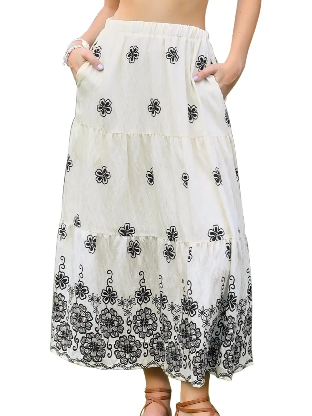 Boho Floral A-Line Tiered Maxi Skirt with Pockets