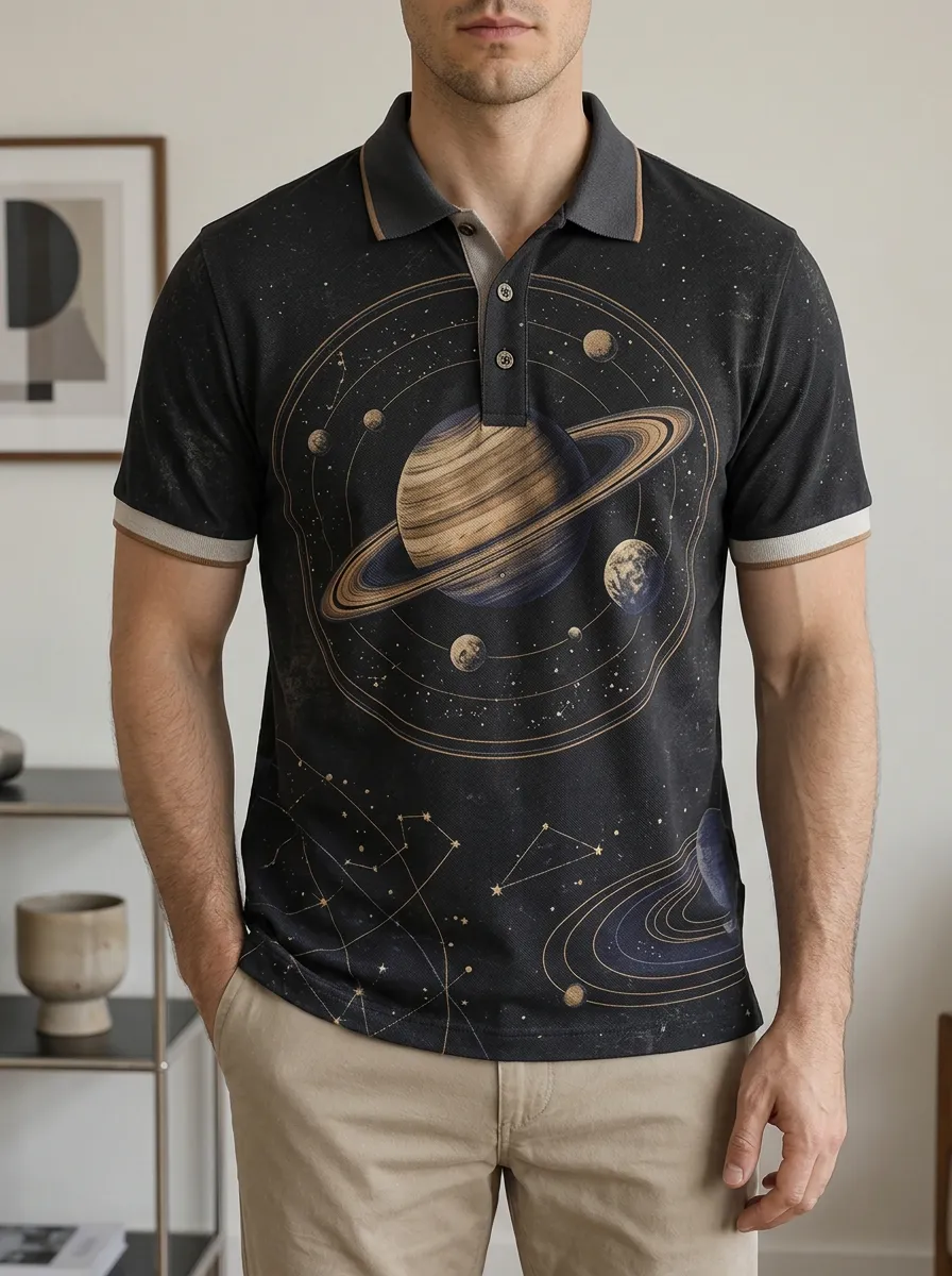 Men's Astronomy Lover Saturn Solar System Printed Polo Shirt Modern Casual Style