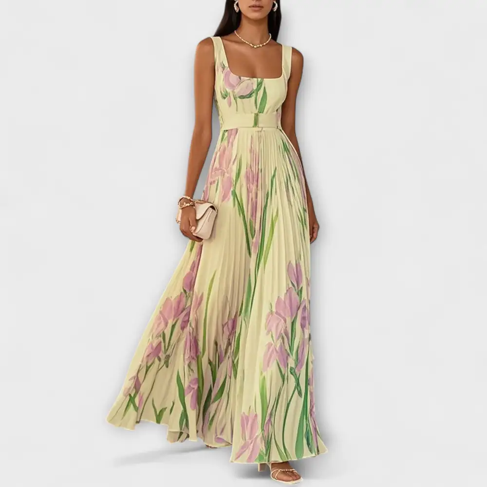 Floral Pleated Chiffon Maxi Dress