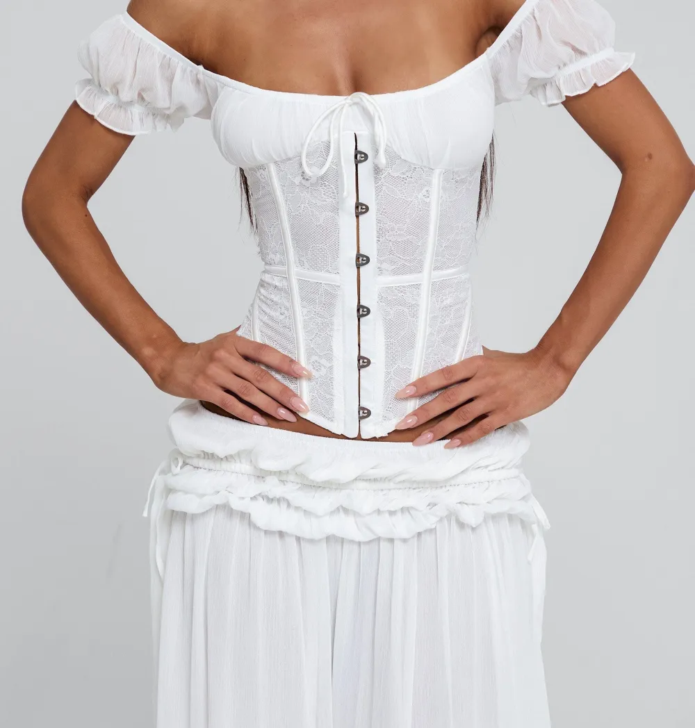 White Lace Trim Puff Sleeve Corset Top
