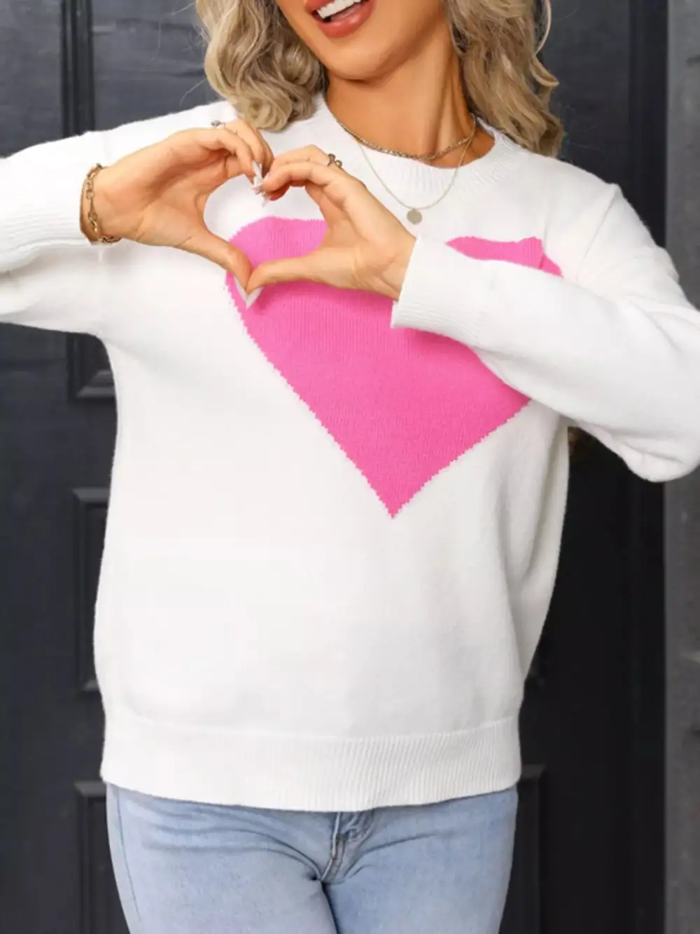 Valentine's Day Heart Round Neck Dropped Shoulder Sweater