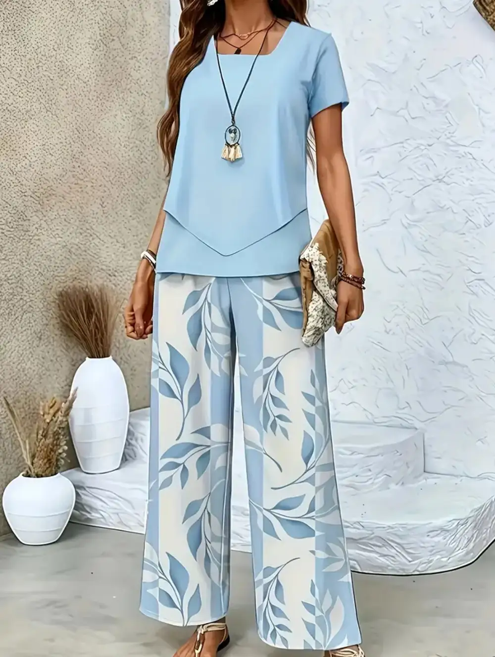 Print Top Wide-Leg Pants Set