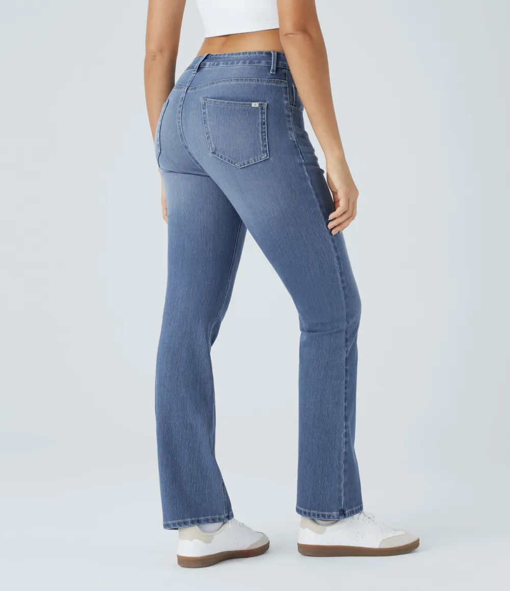 Magic High Waisted Multiple Pockets Washed Stretchy Knit Casual Bootcut Jeans