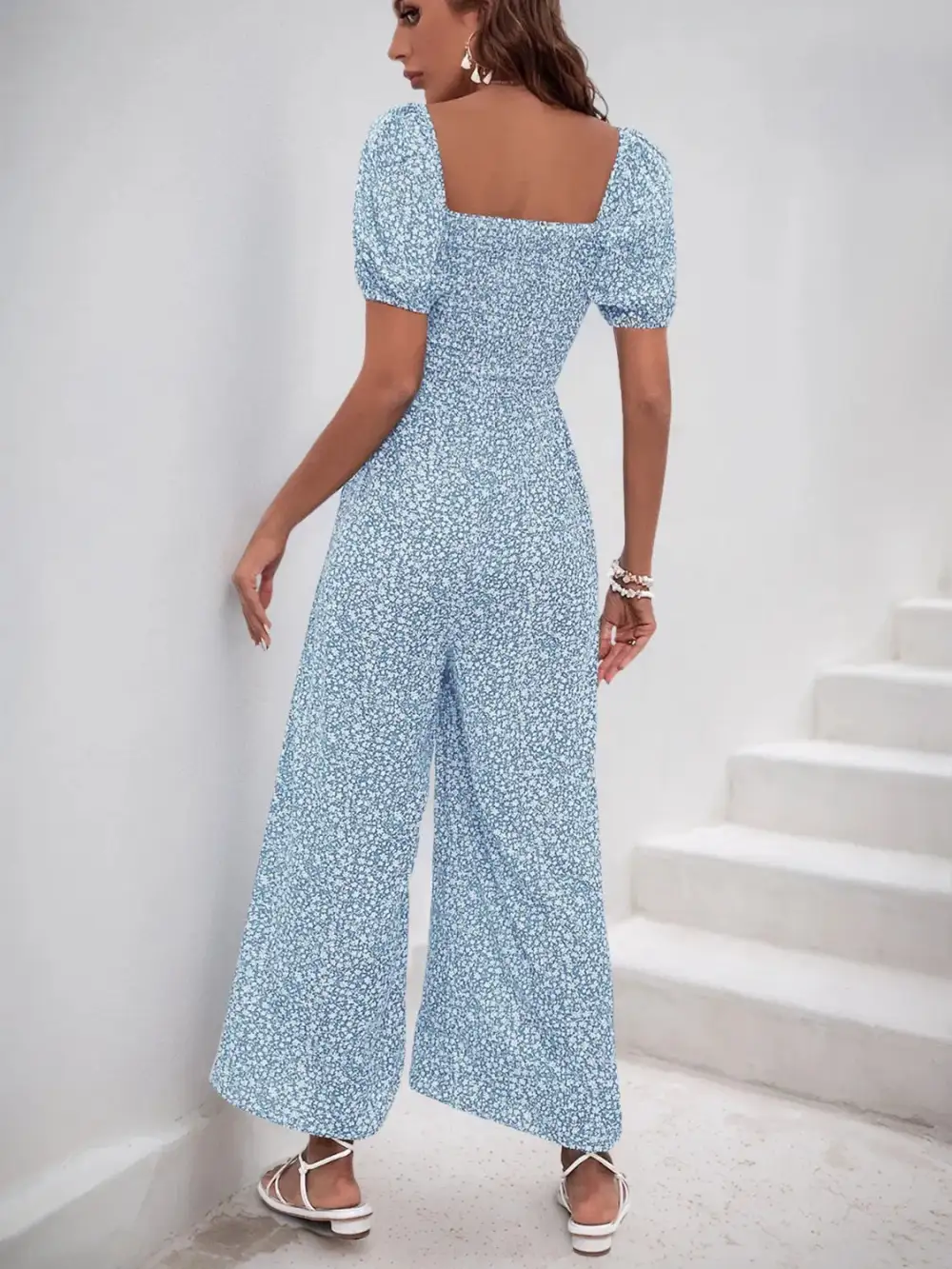 Printed Square Neck Puff Sleeve Everyday Jumpsuit