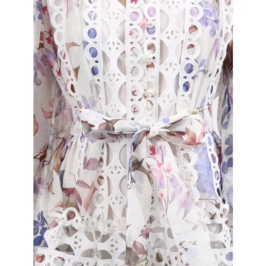 Lace Eyelet Mini Dress with Balloon Sleeves