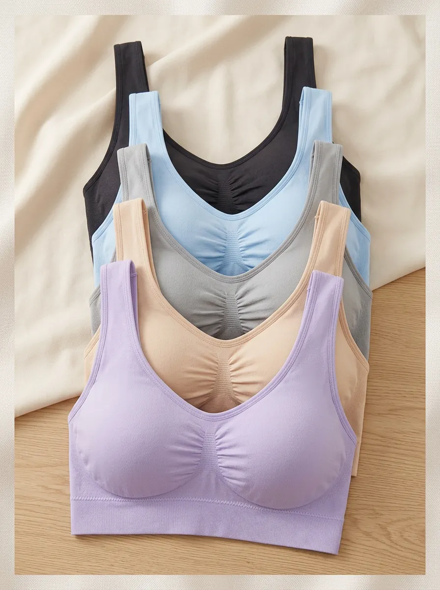 Seamless Ruched-Front Yoga-Inspired Women's Wire-Free 5-Pack Bralette Set