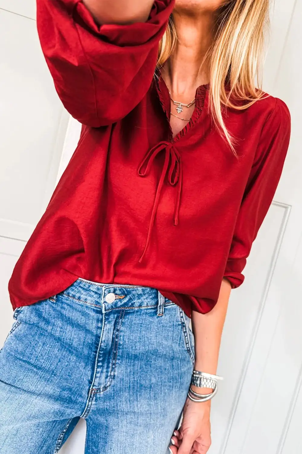 Women's Solid V Neck Three Quarter Sleeve Top