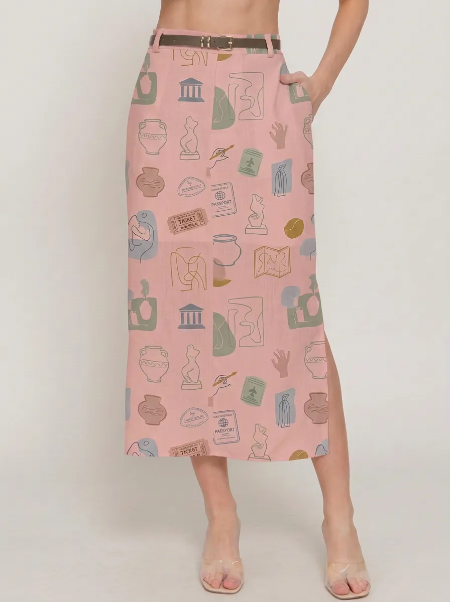 Women's Travel Art Lover Passport Statue Printed Midi Skirt