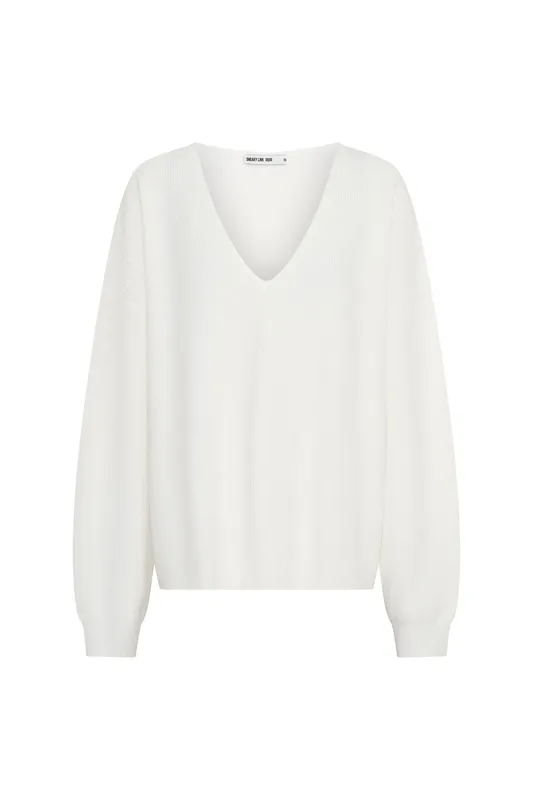White Oversized V-Neck Knit Sweater