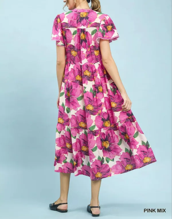 Tropical V-Neck Flutter Sleeve Tiered Midi Dress