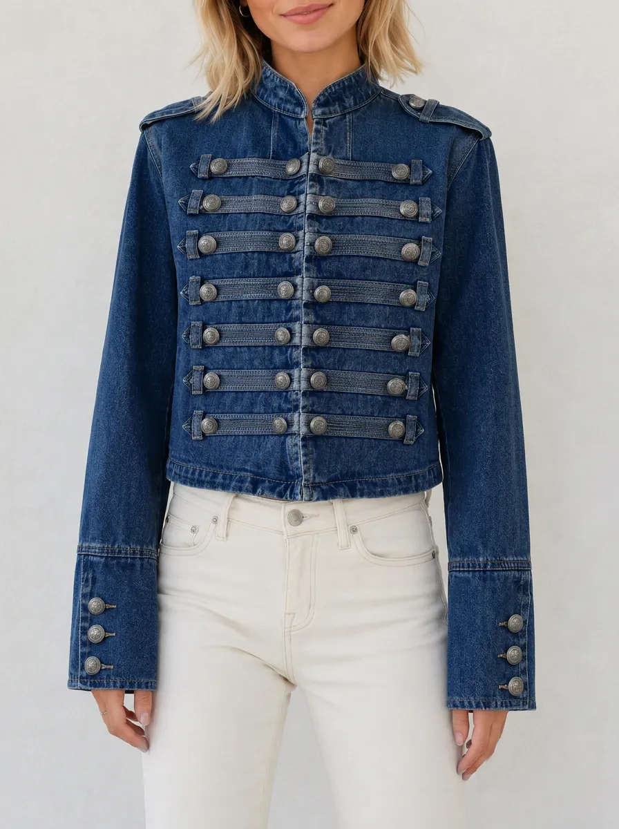 Women's Military Style Buttoned Denim Jacket