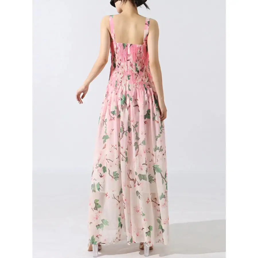 Classic Floral Print Pleated Maxi Dress
