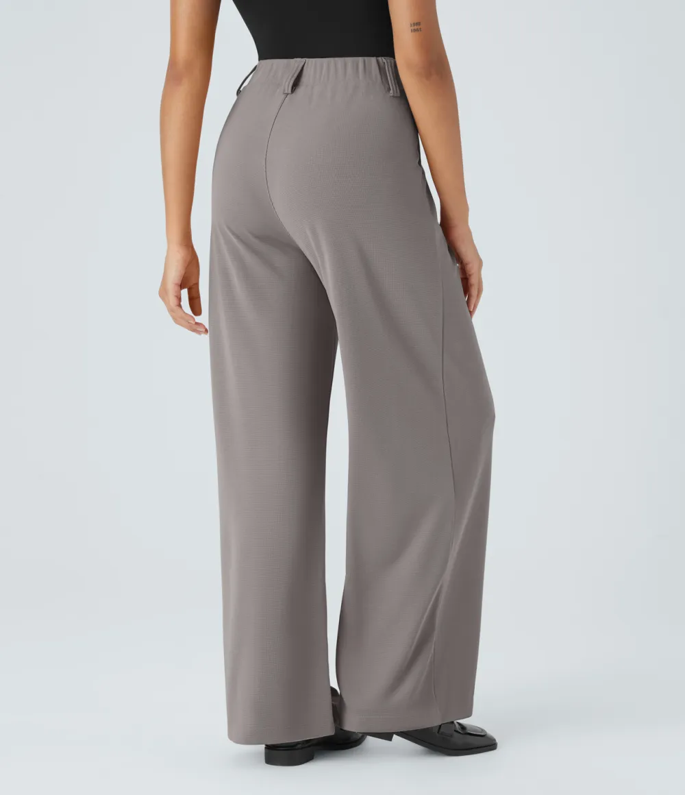  High Waisted Plicated Side Pocket Wide Leg Waffle Work Pants
