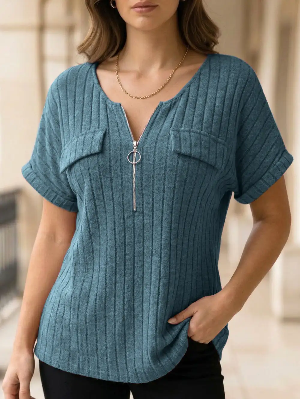 Ribbed V-Neck Knit Top
