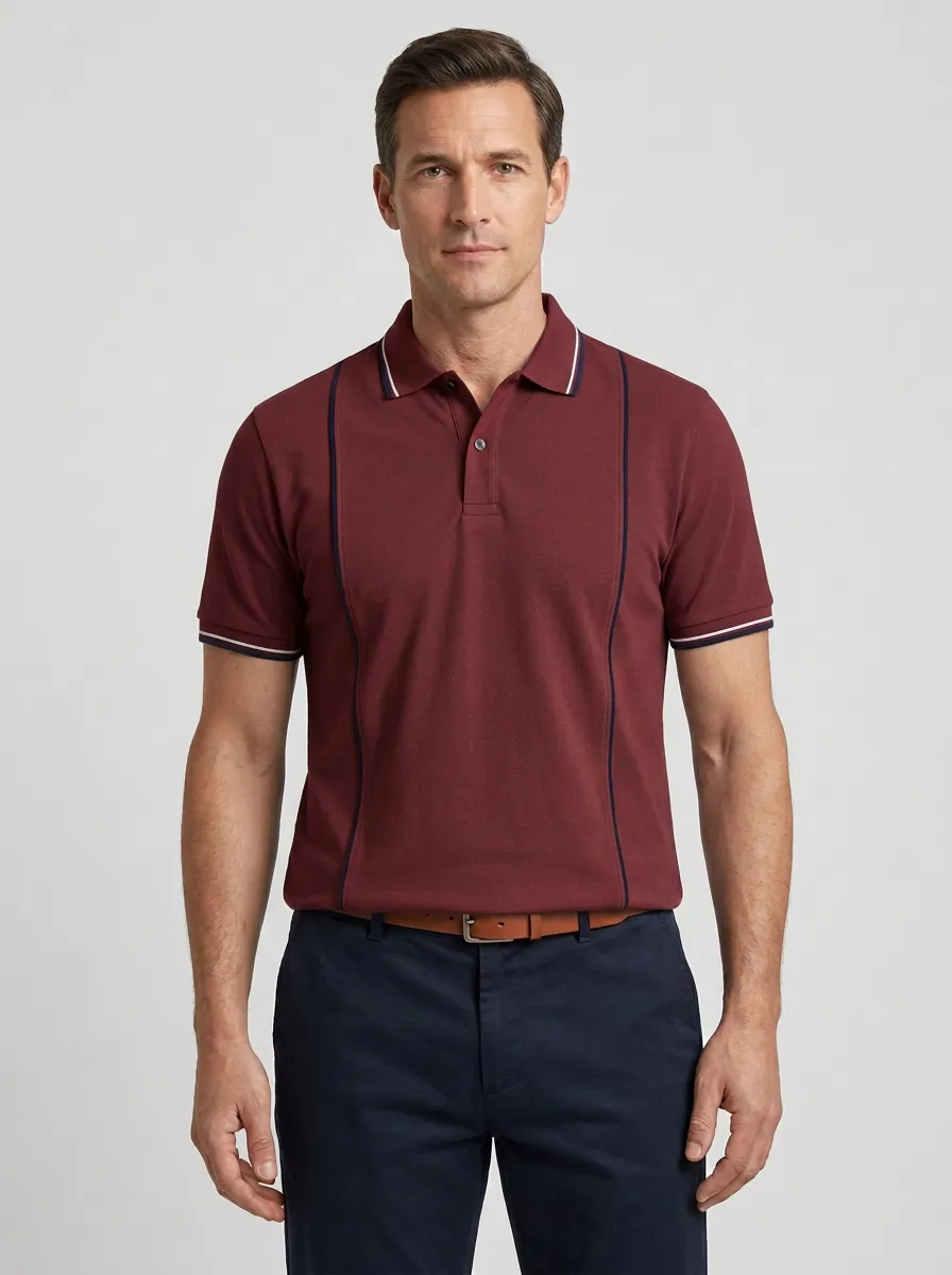 Men's Casual Business Grey Contrast Piping Printed Polo Shirt