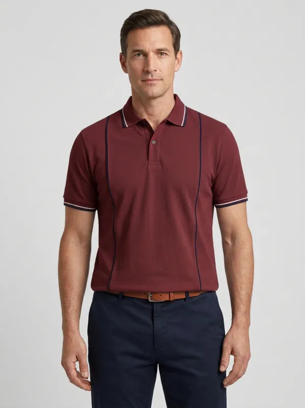 Men's Casual Business Grey Contrast Piping Printed Polo Shirt