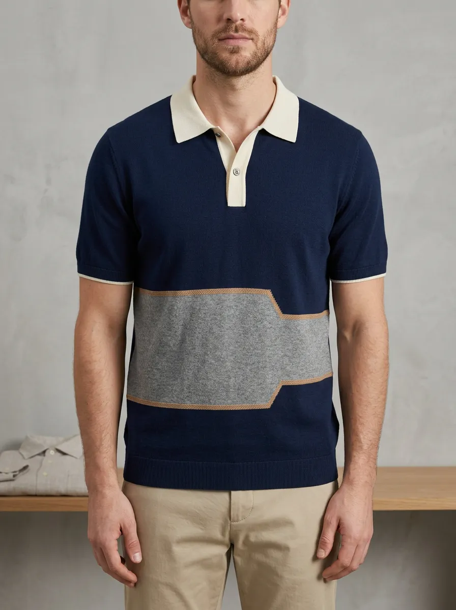 Men's Navy Blue Grey Colorblock Knit Polo Shirt