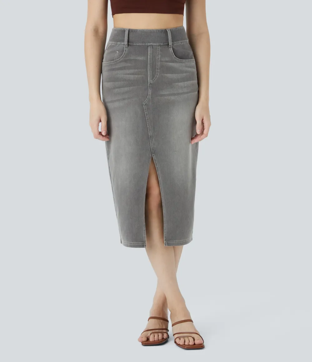 Magic High Waisted Multiple Pockets Bodycon Split Washed Stretchy Knit Denim Casual Midi Skirt