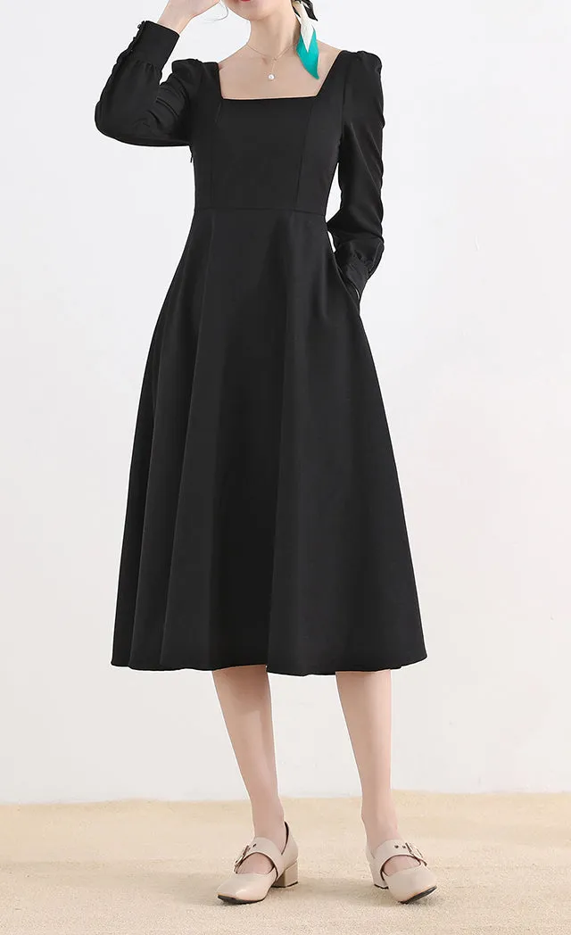 Polyester A Line Swing Square Neck Long Sleeve Midi Dress