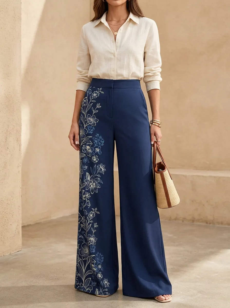 Women's Floral Botanical Side Patterned High-Waist Wide-Leg Trousers