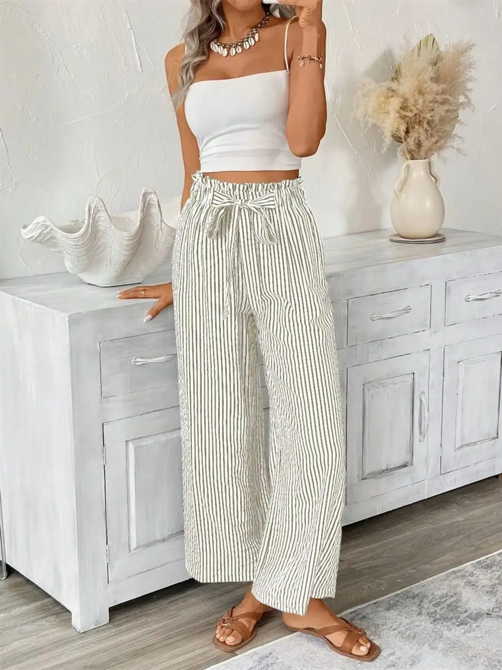 Wide Leg Paperbag Waist Striped Cropped Pants