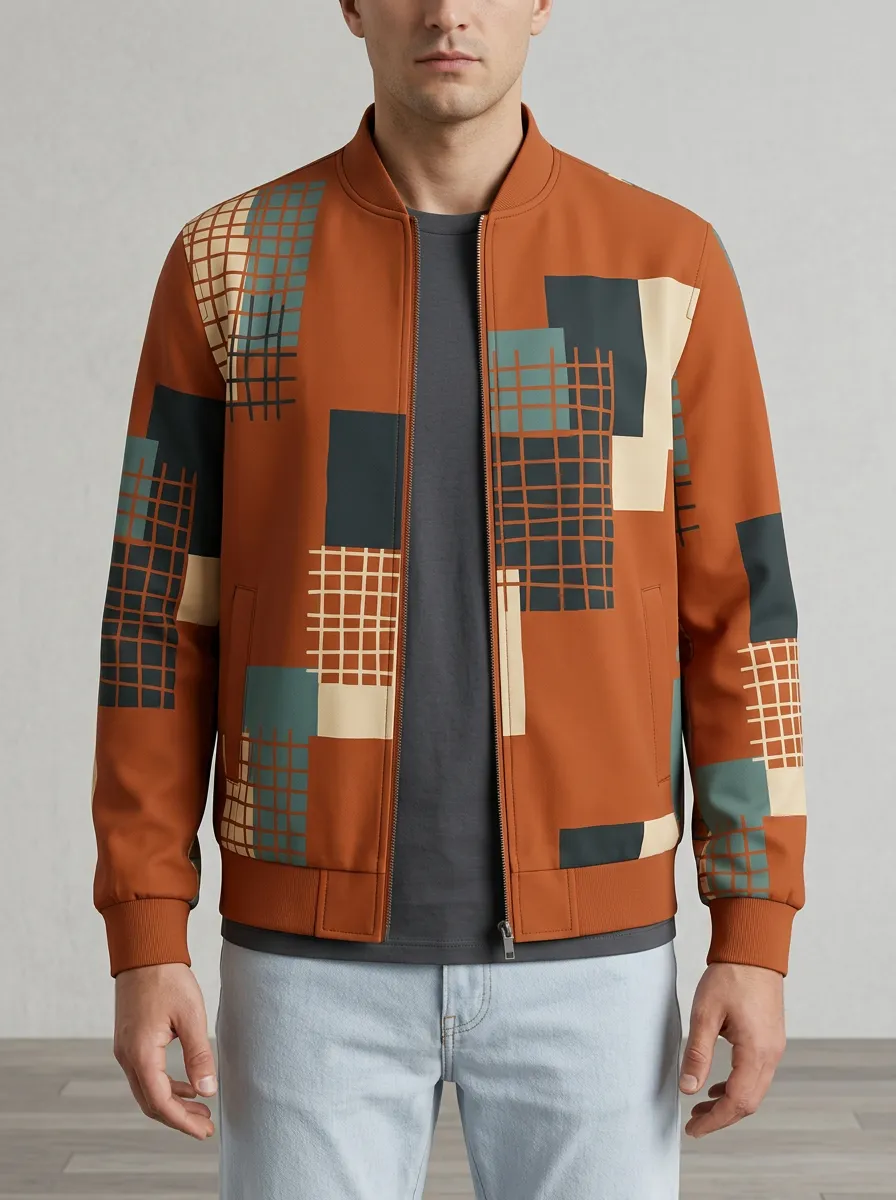 Grid Print Ribbed Trim Welt Pockets Bomber Jacket