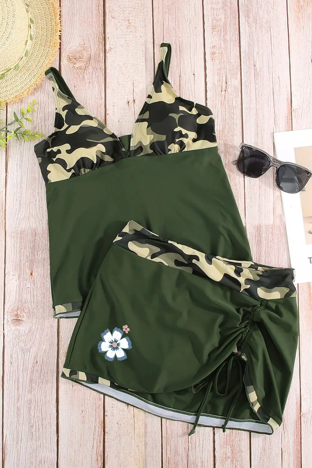 Swimwear Dasiy Print Camo Strappy Drawstring Side Tankini