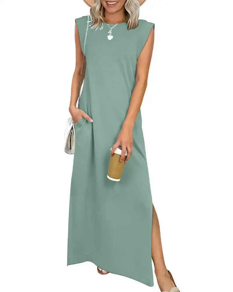 Casual Sleeveless Split Maxi Dress With Pockets