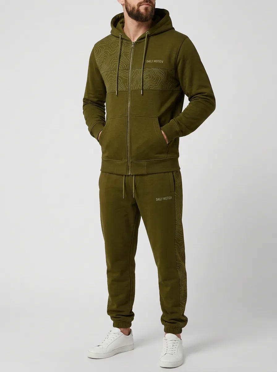 Men's Topographic Map Printed Zip-Up Hoodie Jogger Set