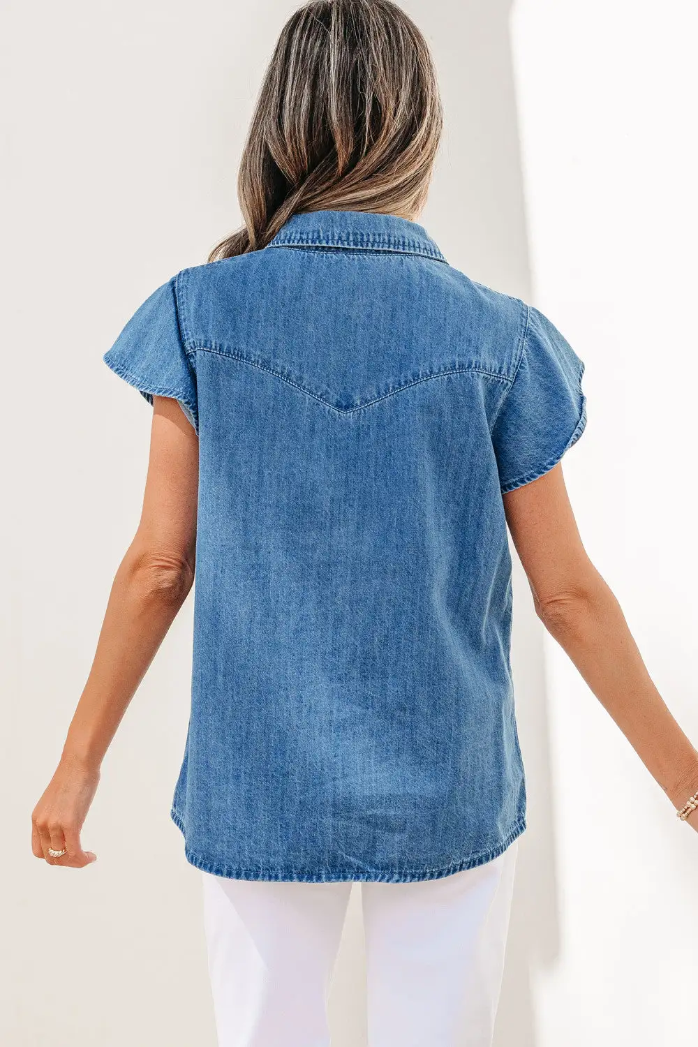 Ruffled Sleeve Denim Blouse