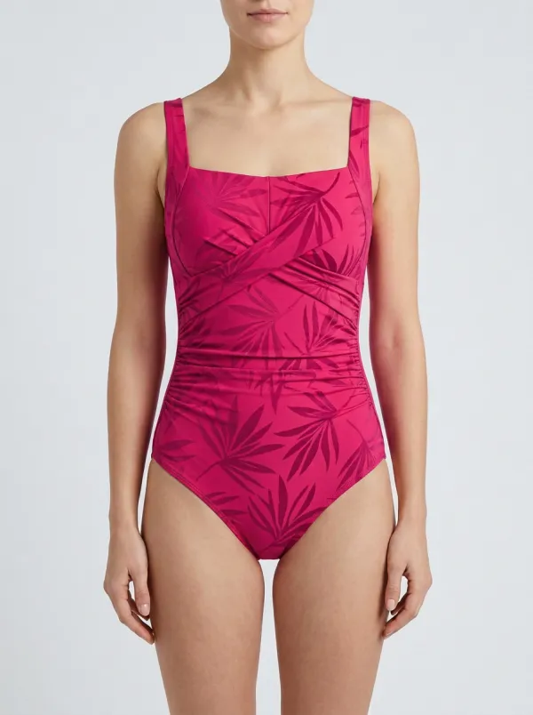 Streamlined Tropical Leaf-Pattern One-Piece Swimsuit
